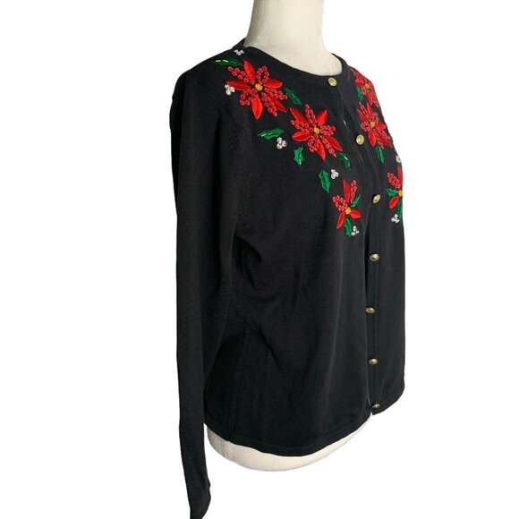 Classic Elements Holiday Poinsettia Cardigan Sweater MP Black Sequin Button Up - Picture 5 of 6